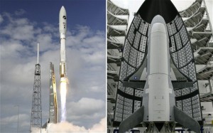 Atlas rocket carrying shuttle into space on secret mission