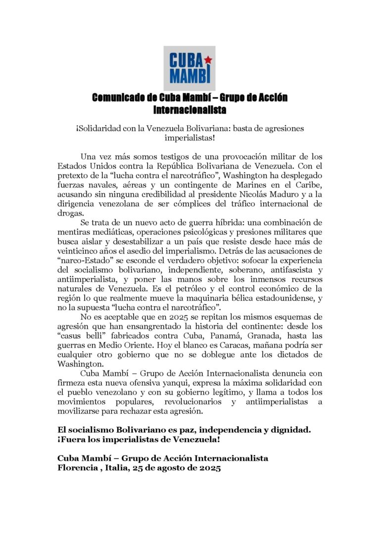 Comunicado de Cuba Mambí – Grupo de Acción Internacionalista. Florencia , Italia